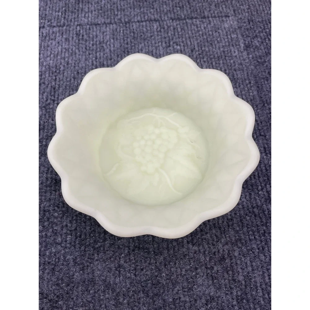 Vintage Uranium Custard Glass Scalloped Bowl Grape Pattern UV Glow 4.5 Inch